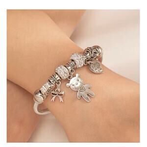 Beaded I Love You Bear Charm Zinc Alloy Open Cuff Bangle Bracelet